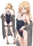  1girl absurdres bare_shoulders black_one-piece_swimsuit blonde_hair braid breasts casual_one-piece_swimsuit covered_navel fate/apocrypha fate_(series) feet full_body green_eyes half_up_braid highleg highleg_one-piece_swimsuit highres legs long_hair looking_at_viewer mordred_(fate) mordred_(fate/apocrypha) multiple_views one-piece_swimsuit parted_bangs ponytail sandals sidelocks small_breasts swimsuit toenails toes tonee 