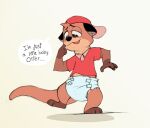  anthro chester_the_otter clothing dialogue diaper hat headgear headwear hi_res looking_down lutrine male mammal mustelid one_foot_raised shirt smile solo speech_bubble standing tongue topwear unknown_artist 