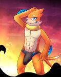 abs anthro blush bodily_fluids buizel bulge clothing darkanroc dripping generation_4_pokemon genital_fluids hi_res long_bulge male nintendo pokemon pokemon_(species) precum precum_drip solo speedo sunset swimwear wet