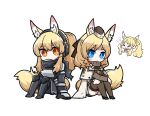  &gt;_&lt; 3girls animal_ear_fluff animal_ears arknights armor bangs black_footwear black_pants blemishine_(arknights) blue_eyes blush boots breastplate brown_eyes brown_headwear brown_jacket brown_legwear cape chibi closed_eyes closed_mouth commentary_request dog-san ear_protection eyebrows_visible_through_hair flying_sweatdrops garrison_cap hat headset high_heel_boots high_heels horse_ears horse_girl horse_tail hugging_own_legs jacket knee_boots knees_up long_hair multiple_girls nearl_(arknights) open_mouth pants ponytail short_eyebrows simple_background sitting tail thick_eyebrows thighhighs wavy_mouth whislash_(arknights) white_background white_cape 