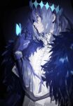  1boy absurdres arthropod_boy arthropod_limbs black_background blue_eyes bug butterfly butterfly_on_hand cape crown diamond_hairband dontuskwhy fate/grand_order fate_(series) fur-trimmed_cape fur_trim grey_hair highres long_sleeves male_focus medium_hair oberon_(fate) oberon_(third_ascension)_(fate) shirt simple_background solo upper_body white_shirt 