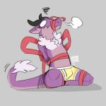  anthro bdsm bondage bound bulge christmas clothing fur holidays horn kobold lizard male purple_body reptile restrained scalie simple_background sitting sodacaps solo underwear 