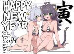  2022 2girls :d absurdres ahoge animal_ear_fluff animal_ears bare_legs bare_shoulders barefoot bikini black_hair blush border breasts cat_ears cat_girl cat_tail chinese_zodiac collarbone commentary_request ear_piercing eyebrows_visible_through_hair fang feet green_eyes grey_hair happy_new_year highres large_breasts long_hair mole mole_under_eye mole_under_mouth multiple_girls navel new_year ngetyan original outline piercing print_bikini renge_(ngetyan) ringe_(ngetyan) short_hair side-tie_bikini simple_background sitting smile soles string_bikini swimsuit tail tail_ornament tail_ring toes translated white_background white_outline white_tiger_print year_of_the_tiger 