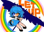  1girl adapted_costume bangs blue_eyes blue_skirt chibi commentary_request english_text full_body geta grin holding holding_umbrella medium_hair mismatched_pupils puffy_short_sleeves puffy_sleeves rainbow red_eyes shirt short_sleeves simple_background skirt smile solo symbol-shaped_pupils tatara_kogasa touhou umbrella white_background white_shirt yt_(wai-tei) 