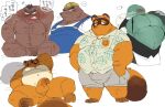  2022 animal_crossing anthro armor avian balls bed belly bird blush bottomwear brewster_(animal_crossing) brown_body canid canine clothing columbid eulipotyphlan furniture genitals hard_hat headgear helmet humanoid_hands hyaku_(artist) kemono lying male mammal mole_(animal) mr._resetti musclegut nintendo overalls overweight overweight_male penis pigeon pillow raccoon_dog shirt shorts sitting solo tanuki tom_nook_(animal_crossing) topwear video_games 