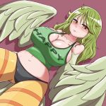  1girl absurdres bangs black_panties blush breasts cleavage clothes_writing commentary_request covered_nipples feathered_wings feathers green_feathers green_hair green_tank_top harpy highres kaikon_shokubutsu large_breasts long_hair looking_at_viewer midriff monet_(one_piece) monster_girl navel one_piece panties red_background solo striped tank_top underwear winged_arms wings yellow_eyes 