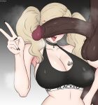  1boy 1girl absurdres black_choker black_nails black_sports_bra blacked_(phrase) blonde_hair blue_eyes blush breast_tattoo breasts can't_see_the_haters_(meme) choker cleavage commission commissioner_upload dark-skinned_male dark_skin daruko536 earrings english_text gradient_background grey_background hetero highres hoop_earrings huge_penis imminent_fellatio interracial jewelry large_breasts large_variant_set long_hair meme penis penis_awe penis_on_face penis_over_eyes persona persona_5 queen_of_spades_symbol spade_(shape) spade_tattoo sports_bra takamaki_anne tattoo testicles textless_version twintails v variant_set very_dark_skin 