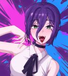  1girl absurdres black_choker black_ribbon blood chainsaw_man choker green_eyes grenade_pin hair_between_eyes highres looking_at_viewer neck_ribbon purple_hair reze_(chainsaw_man) ribbon severed_tongue shirt sleeveless sleeveless_shirt solo teeth tona1939 upper_teeth_only white_shirt 