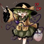  1girl ^_^ bag black_hat blood blood_on_knife blush_stickers bow buttons closed_eyes commentary_request contrast_collar diamond_button fang feet_out_of_frame floral_print frilled_shirt_collar frilled_sleeves frills green_hair green_skirt grey_background hat hat_bow hat_ribbon heart heart_of_string heripantomorrow holding holding_bag holding_knife knife komeiji_koishi long_sleeves medium_hair motion_lines notice_lines open_mouth plastic_bag print_skirt ribbon rose_print severed_arm severed_limb shirt skirt sleeves_past_wrists smile solo standing standing_on_one_leg third_eye touhou wide_sleeves yellow_bow yellow_ribbon yellow_shirt 