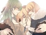  1girl 2boys blue_coat braid breasts closed_eyes coat dimitri_alexandre_blaiddyd dimitri_alexandre_blaiddyd_(timeskip) eyepatch facing_another family father_and_son female_byleth_(awakened)_(fire_emblem) female_byleth_(fire_emblem) fire_emblem fire_emblem:_three_houses fur-trimmed_coat fur_trim green_hair group_hug hand_on_another&#039;s_head happy hug husband_and_wife if_they_mated large_breasts llldmlslll mother_and_son multiple_boys 