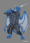 anthro armor blue_body dragon fantasy hi_res knight male medieval_armor medieval_fantasy melee_weapon muscular muscular_anthro muscular_male mythological_creature mythological_scalie mythology scales scalie solo sword swordfight warrior weapon witchydawgart