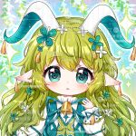  1girl animal_ears bell blue_background blush chibi chibi_only earrings flower goat_ears goat_girl goat_horns green_eyes green_hair green_ribbon green_vest hair_flower hair_ornament hand_up heart heart_in_eye highres horns jewelry long_hair long_sleeves looking_at_viewer monu_xialuote neck_bell neck_ribbon open_mouth original ribbon shirt sleeve_ribbon solo sparkle symbol_in_eye too_many_watermarks upper_body vest watermark white_horns white_shirt 