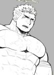  1boy bara bodysuit covered_abs facial_hair flaming_halo from_below greyscale large_pectorals looking_at_viewer male_focus mature_male monochrome muscular muscular_male pectorals po_fu short_hair sideburns skin_tight stubble tokyo_afterschool_summoners upper_body zabaniya_(housamo) 