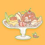  1boy :3 apple apple_slice blueberry bowl brown_hair bug cantaloupe_slice chef_hat cherry_hair_ornament chibi chibi_only closed_eyes cockroach commentary curtained_hair food food-themed_hair_ornament food_focus fruit glass_bowl green_outline gregor_(project_moon) hair_ornament hat highres limbus_company lime_(fruit) low_ponytail orange_(fruit) orange_slice outline ponytail project_moon pudding qilin1689 strawberry symbol-only_commentary whipped_cream zwei_association_south_uniform 