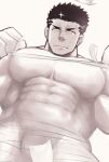  1boy bandages bara covered_abs cowboy_shot facial_hair flaming_halo from_below frown greyscale large_pectorals looking_at_viewer male_focus mature_male monochrome muscular muscular_male naked_bandage official_alternate_costume pectorals po_fu short_hair sideburns stubble sweatdrop tokyo_afterschool_summoners zabaniya_(housamo) 