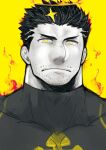  1boy bara bodysuit covered_collarbone cross_print expressionless facial_hair fire flaming_halo glowing glowing_eyes looking_at_viewer male_focus mature_male muscular muscular_male po_fu serious short_hair sideburns skin_tight stubble tokyo_afterschool_summoners upper_body yellow_eyes yellow_theme zabaniya_(housamo) 