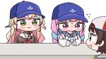  3girls :d anchor_symbol backwards_hat baseball_cap blonde_hair blue_bow blue_eyes blue_hair blue_hat blue_sailor_collar blush blush_stickers bow braid brown_shirt chibi closed_mouth flying_sweatdrops green_eyes grey_hat hat hololive long_hair long_sleeves low_twintails minato_aqua minato_aqua_(sailor) mochimiko momosuzu_nene momosuzu_nene_(casual) multicolored_hair multiple_girls nose_blush oozora_subaru oozora_subaru_(1st_costume) pink_hair puffy_long_sleeves puffy_sleeves purple_eyes sailor_collar school_uniform serafuku shirt simple_background smile twin_braids twintails two-tone_hair upper_body very_long_hair virtual_youtuber white_background white_sailor_collar white_shirt yurie_mouth 
