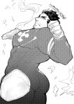  1boy ass bara bodysuit covered_abs facial_hair fighting_stance fire flaming_halo from_side greyscale groin hip_vent large_pectorals male_focus mature_male monochrome muscular muscular_male pectorals po_fu short_hair sideburns skin_tight stubble thick_thighs thighs tokyo_afterschool_summoners zabaniya_(housamo) 