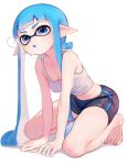  1girl barefoot bike_shorts blue_eyes blue_hair blue_pupils breasts cleavage inkling inkling_girl inkling_player_character kodak_painter long_hair looking_ahead open_mouth pointy_ears simple_background sitting solo splatoon_(series) splatoon_3 sweat tentacle_hair very_long_hair white_background 
