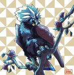  animal_focus beak bird branch braviary commentary_request flower geometric_pattern no_humans open_mouth pokemon pokemon_(creature) solo standing talons washi_628 