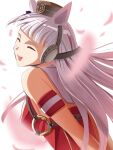  1girl animal_ears armband bare_shoulders blunt_bangs blush bow breasts closed_eyes dress ear_bow ear_ribbon gold_ship_(red_strife)_(umamusume) gold_ship_(umamusume) grey_hair hat highres horse_ears horse_girl long_hair medium_breasts open_mouth petals pillbox_hat purple_bow red_armband red_dress shirt simple_background sleeveless sleeveless_dress smile solo striped_armband striped_clothes teeth toyeeta_prius umamusume upper_body upper_teeth_only white_armband 