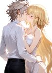  1boy 1girl ai-generated black_pants closed_eyes couple dress hands_on_another&#039;s_hips hands_on_another&#039;s_shoulders highres jeanne_d&#039;arc_(fate) kiss nightgown non-web_source pajamas pants shirt sieg_(fate) white_dress white_shirt 