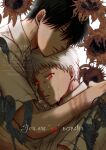  absurdres black_hair collared_shirt crying crying_with_eyes_open english_text flower glowing_pupils grey_eyes highres hikaru_ga_shinda_natsu hug indou_hikaru male_focus mole mole_on_neck mole_under_eye multiple_moles parted_lips red_pupils sasaya shirt shirt_tucked_in short_eyebrows short_hair short_sleeves slit_pupils sunflower tears tsujinaka_yoshiki upper_body watermark white_hair white_shirt yaoi yellow_flower 