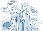  2022 anthro armor basitin blue_and_white canid canine cloak clothed clothing conditional_dnp dialogue duo english_text eye_scar facial_scar female fox hand_on_shoulder hi_res keidran laura_(twokinds) looking_back male mammal monochrome nervous nickolai_alaric open_mouth open_smile pauldron scar simple_background sketch smile text tom_fischbach twokinds webcomic white_background 