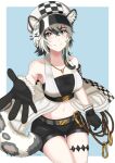  1girl animal_ears arknights armband bandeau bangs bare_shoulders belt black_gloves black_shorts blue_background blush border breasts bustier cabbie_hat cleavage cliffheart_(arknights) collarbone commentary cowboy_shot gloves grey_eyes hair_between_eyes hat jacket jewelry large_breasts leopard_ears leopard_tail looking_at_viewer midriff miven navel necklace outside_border reaching_out short_hair short_shorts shorts silver_hair simple_background sleeveless sleeveless_jacket smile solo stomach strapless tail thighs tube_top white_border white_headwear white_jacket 