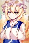  1girl animal_ears blonde_hair blurry depth_of_field fox_ears fox_tail frills hair_between_eyes hands_in_opposite_sleeves hat light_smile looking_at_viewer multiple_tails nagisa_shizuku one-hour_drawing_challenge pillow_hat short_hair simple_background solo tabard tail touhou upper_body yakumo_ran yellow_eyes 