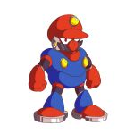  1980s_(style) 1boy armor blue_armor blue_overalls facial_hair full_body hat highres karakatodzo looking_at_viewer male_focus mario mario_(series) mechanization mega_man_(classic) mega_man_(series) multicolored_armor mustache overalls parody red_armor red_hat retro_artstyle robot solo standing style_parody 