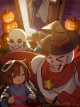  &gt;_&lt; 1girl 1other 2boys :d =_= ahoge backlighting bandaged_head bandages barefoot black_hat black_sclera blue_jacket blue_sweater brothers brown_hair bucket closed_mouth colored_sclera commentary dande_lion2604 english_commentary facing_another fewer_digits frisk_(undertale) from_above gloves glowing grass grey_hood grin halloween_bucket halloween_costume hand_up happy_halloween hat highres holding holding_bucket holding_stick holding_wand hood hood_down hooded_jacket house jack-o&#039;-lantern jacket long_sleeves looking_at_viewer multiple_boys night open_door outdoors papyrus_(undertale) pink_sweater puffy_long_sleeves puffy_sleeves pumpkin purple_robe red_gloves red_scarf robe sans_(undertale) scarf shirt short_hair siblings skeleton smile stairs standing star_wand stick striped_clothes striped_sweater sweater toes toriel twitter_username two-tone_sweater undertale upper_body utdr_(toby_fox) wand watermark waving white_eyes white_shirt wide_sleeves witch_hat 