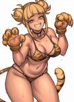  1girl animal_ears animal_hands animal_print bangs bell bikini blonde_hair blunt_bangs boku_no_hero_academia breasts chinese_zodiac claw_pose cleavage double_bun fake_animal_ears fake_tail fangs grin hair_bun half-closed_eyes highres jingle_bell lentiyay looking_at_viewer medium_breasts navel neck_bell paw_pose simple_background smile smirk sweat swimsuit tail teeth thighs tiger_ears tiger_print tiger_tail toga_himiko white_background year_of_the_tiger yellow_eyes 