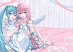  2girls absurdres angel_wings aqua_eyes aqua_hair aqua_nails aqua_ribbon aqua_trim bed blue_eyes blush bubble dress feathered_wings hair_between_eyes hair_ornament hatsune_miku highres long_hair megurine_luka multiple_girls nail_polish open_mouth pink_dress pink_hair ribbon sleeveless sleeveless_dress smile soap_bubbles toenail_polish toenails twintails very_long_hair vocaloid vs0mr white_dress white_wings wings yuri 
