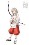  1boy aged_down androgynous bow_(weapon) closed_mouth commentary_request fire_emblem fire_emblem_fates full_body grey_hair hair_down highres holding holding_bow_(weapon) holding_weapon long_hair looking_at_viewer male_focus pants red_pants sandals seyeong_grim simple_background socks solo tabi takumi_(fire_emblem) watermark weapon white_background white_socks yellow_eyes zouri 