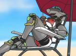 1_eye aeromorph aircraft airplane anthro beach beach_chair beach_umbrella beverage bikini bikini_bottom bikini_top breasts clothed clothing cockpit container cup digital_media_(artwork) furniture grey_body holding_object jet living_aircraft living_machine living_vehicle machine metallic_body not_furry outside parasol robot russy_(artist) seaside simple_background sky solo swimwear teeth topwear two-piece_swimsuit vehicle