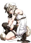  1girl absurdres animal_ear_fluff animal_ears arknights armband armpits bangs bare_shoulders black_bandeau black_footwear black_gloves black_hair black_legwear black_shorts boots breasts cabbie_hat checkered_clothes checkered_headwear cliffheart_(arknights) commentary_request eyebrows_visible_through_hair full_body gloves grappling_hook grey_eyes hair_between_eyes hand_on_own_cheek hand_on_own_face hand_up hat highres kneeling leopard_ears leopard_girl leopard_tail looking_at_viewer midriff multicolored_hair navel oga_(ogw175) one_eye_closed oripathy_lesion_(arknights) short_hair short_shorts shorts sidelocks silver_hair simple_background single_thighhigh skindentation sleeveless_duster small_breasts smile smirk solo tail teeth thighhighs underbust white_background white_headwear 