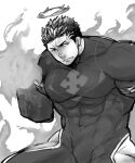 1boy bara bodysuit bulge covered_abs covered_navel cowboy_shot facial_hair fighting_stance flaming_halo flaming_hand frown greyscale hip_vent large_pectorals looking_to_the_side male_focus mature_male monochrome muscular muscular_male pectorals po_fu serious short_hair sideburns skin_tight stubble thick_thighs thighs tokyo_afterschool_summoners zabaniya_(housamo) 