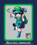  1girl :d backpack bag bangs blouse blue_blouse blue_dress blue_eyes blue_footwear blue_hair blue_skirt boots character_name dress flat_cap full_body green_bag green_headwear greenapple_(g_apple0511) hair_bobbles hair_ornament hat holding holding_wrench kawashiro_nitori leg_up limited_palette looking_at_viewer mixed-language_commentary multicolored_background open_mouth pixel_art rubber_boots short_hair skirt smile solo standing standing_on_one_leg touhou two_side_up wrench 