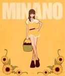  1girl bare_legs basket black_shoes blending brown_eyes brown_hair collared_shirt dress flower hair_behind_ear hand_on_own_hip highres holding holding_basket leaf long_hair original puffy_short_sleeves puffy_sleeves second-party_source shirt shoes short_sleeves signature solo sunflower syooooyoooo white_shirt yellow_background yellow_dress yellow_flower 