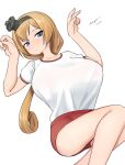  1girl absurdres black_hairband blonde_hair blue_eyes breasts buruma crown feet_out_of_frame gym_shirt gym_uniform hairband highres huge_breasts kantai_collection low_ponytail maru_(marg0613) mini_crown one-hour_drawing_challenge ponytail red_buruma shirt simple_background solo t-shirt valiant_(kancolle) w_arms white_background white_shirt 