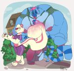 2021 4_fingers 4_toes 5_fingers absurd_res ankle_markings anthro areola arm_markings balls balls_expansion barefoot big_balls big_muscles big_nipples big_pecs big_penis biped blue_inner_ear blue_inner_ear_fluff blue_sclera bottle bottomwear brown_clothing brown_underwear building cheek_markings chest_tuft choker_(marking) claws closed_smile clothed clothed_anthro clothed_male clothing cloud container countershade_fur countershade_torso countershading curled_tail day deltoids detailed_background digital_drawing_(artwork) digital_media_(artwork) duo expansion eyelashes eyes_closed facial_markings feet finger_claws fingerless_(marking) fingers flat_colors forearm_muscles fur genital_expansion genitals green_clothing green_shirt green_topwear growth hair head_markings hi_res holding_bottle holding_container holding_object house huge_balls huge_muscles huge_pecs huge_penis humanoid_hands hyper hyper_balls hyper_genitalia hyper_muscles hyper_penis inner_ear_fluff larger_anthro larger_male leg_markings lemur male male_anthro mammal markings max_(maxpany) maxpany medial_ring mephitid midriff mouth_closed multicolored_body multicolored_fur muscle_growth muscular muscular_anthro muscular_arms muscular_male nargle nargle_(nargleflex) narrowed_eyes navel nipples outside pavement pawpads pecs penis penis_expansion perfume perfume_atomizer perfume_bottle pink_areola pink_body pink_countershading pink_ears pink_fur pink_hair pink_markings pink_nipples pink_nose pink_pawpads pink_penis pink_stripes pink_tongue plant plantigrade primate purple_bottomwear purple_claws purple_clothing purple_finger_claws purple_shirt purple_shorts purple_toe_claws purple_topwear ring-tailed_lemur ring_(marking) ringed_tail shirt shorts shrub signature size_difference skunk sky smaller_anthro smaller_male smile street strepsirrhine striped_body striped_fur striped_markings striped_skunk striped_tail stripes tail tail_markings toe_claws toeless_(marking) toes tongue tongue_out top_heavy topwear torn_clothing torn_shirt torn_topwear torn_underwear trapezius tuft two_tone_body two_tone_fur underwear walking whisker_spots white_body white_fur white_hair white_inner_ear