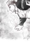  1boy absurdres bara bodysuit facial_hair fire flame_print flaming_halo greyscale highres large_pectorals looking_at_viewer male_focus mature_male monochrome muscular muscular_male pectorals po_fu short_hair sideburns skin_tight stubble tokyo_afterschool_summoners upper_body zabaniya_(housamo) 