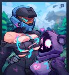 anthro areola areola_slip armor bear big_breasts blue_helmet bodysuit breasts clothing duo empty_eyes epic_games eye_scar facial_scar female fortnite front_view fur gauntlets gloves grey_bodysuit grey_clothing grey_skinsuit halo_(series) handwear headgear heart_symbol helmet hi_res human mammal microsoft navel_outline obscured_face pink_areola pink_nose pulseblock purple_body purple_fur purple_hood raven_team_leader scar skinsuit spartan_(halo) tan_body tan_skin thick_thighs tight_clothing torn_bodysuit white_eyes wide_hips xbox_game_studios