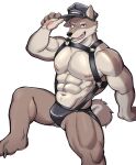 2023 5_fingers abs anthro areola biped black_clothing black_hat black_headwear black_nose black_underwear bulge canid canine canis cheek_tuft chest_harness claws clothed clothed_anthro clothed_male clothing digital_media_(artwork) domestic_dog eyebrows facial_tuft fangs feet finger_claws fingerpads fingers fur furgonomic_hat furgonomic_headwear furgonomics glistening glistening_body glistening_eyes harness hat headgear headwear hi_res hindpaw jockstrap latex latex_clothing latex_jockstrap latex_underwear male male_anthro mammal multicolored_body multicolored_fur muscular muscular_anthro muscular_male navel nipples norakemo777 one_ear_up open_mouth open_smile orange_body orange_fur pawpads paws pecs pink_areola pink_nipples pink_pawpads red_eyes simple_background smile solo tan_body tan_eyebrows tan_fur teeth toes tongue_showing tuft two_tone_body two_tone_fur underwear white_background