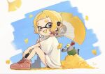  1girl autumn_leaves black_shorts blonde_hair commentary dolphin_shorts earrings falling_leaves grey_eyes highres holding holding_weapon inkling inkling_girl inkling_player_character jewelry leaf painbrush_(splatoon) pointy_ears red_shoes shirt shoes short_eyebrows short_hair shorts sitting smallfry_(splatoon) smile splatoon_(series) splatoon_3 symbol-only_commentary teeth tentacle_hair thick_eyebrows weapon white_background white_shirt yake_zake yellow_leaves 