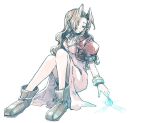  1girl aerith_gainsborough ball bangle boots bracelet breasts brown_boots brown_hair center_opening choker cleavage cropped_jacket dress final_fantasy final_fantasy_vii full_body hair_over_shoulder jacket jewelry long_dress long_hair materia medium_breasts michibata_65 parted_bangs pink_dress puffy_short_sleeves puffy_sleeves red_jacket ribbon_choker short_sleeves sidelocks sitting solo white_background 