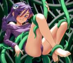  1girl ahoge barefoot blue_eyes borrowed_character bottomless commentary english_commentary full_body hair_ornament highres long_hair looking_at_viewer mleth off-shoulder_sweater off_shoulder original purple_sweater skull_hair_ornament smug solo sweater tentacles toes zone-tan 