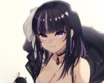  1girl artist_name bangs bare_shoulders black_choker black_coat black_hair black_nails bloom blunt_bangs breasts choker cleavage closed_mouth coat collarbone colored_inner_hair dress eyebrows_visible_through_hair fur-trimmed_coat fur_trim highres holding holding_microphone indie_virtual_youtuber jellen_aura large_breasts light_purple_hair long_hair looking_at_viewer microphone multicolored_hair open_clothes open_coat purple_eyes ririsya shaded_face simple_background smile solo streaked_hair two-tone_hair upper_body virtual_youtuber white_background white_dress 