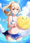  1girl ayanami_(azur_lane) azur_lane ball bangs bare_shoulders beachball bikini bikini_skirt blue_skirt blue_sky blush breasts cleavage cloud collarbone commentary_request cowboy_shot day eyebrows_visible_through_hair hair_between_eyes hair_ornament halter_top halterneck headgear high_ponytail highres holding holding_ball lens_flare long_hair manjuu_(azur_lane) midriff miniskirt nagura_shiro navel ocean orange_eyes outdoors parted_lips partial_commentary pleated_skirt ponytail revision scrunchie sidelocks skirt sky small_breasts solo standing sunlight swimsuit wading white_bikini wrist_scrunchie 